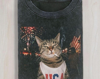 Smoking Cat T-shirt, Fourth of July Shirt, Independence Day, America 250 T-shirt, Animal Lover Tee
