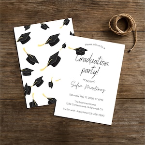 May include: Two graduation party invitations on a wooden surface. One invitation features a pattern of black graduation caps with gold tassels. The other invitation reads "Graduation party!" honoring Sofia Martinez, with event details.