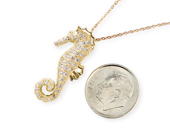 Collar con colgante de caballito de mar grande de oro de 14 quilates con diamantes, regalo de joyería Jherwitt