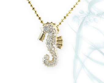 Collar con colgante de caballito de mar pequeño de oro de 14 quilates con diamantes, regalo de joyería Jherwitt