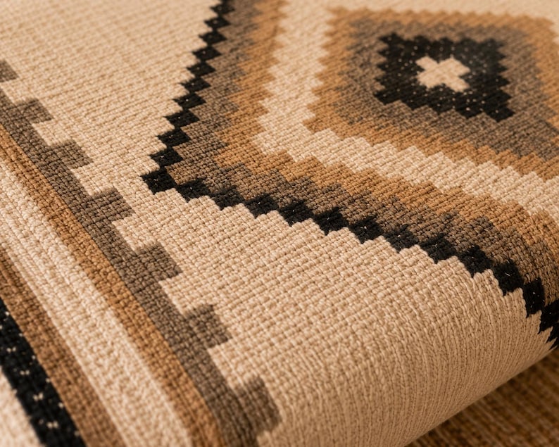 Op de afbeelding: Een geweven textielstof met een geometrisch patroon van herhalende ruitvormen en getrapte randen. Het ontwerp bevat een neutrale beige basiskleur geaccentueerd met tinten bruin, tan en zwart in een gestructureerd, rasterachtig weefsel.