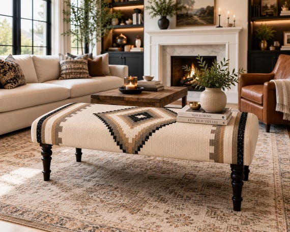 Bedroom Bench End of Bed, Luxury Kilim Bench, Upholstered Boho Bench, Southwestern Ottoman Bench, Entryway Bench, Wool Jute Bench