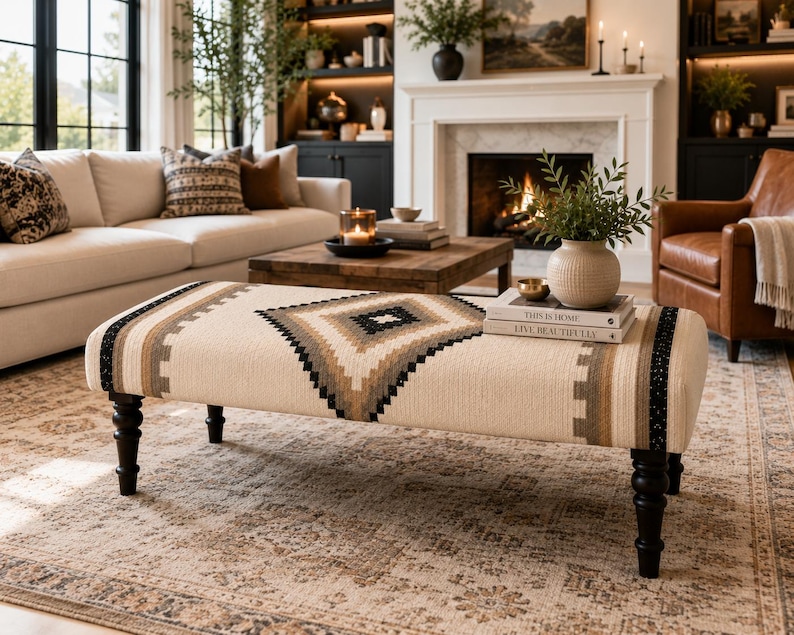 Bedroom Bench End of Bed, Luxury Kilim Bench, Upholstered Boho Bench, Southwestern Ottoman Bench, Entryway Bench, Wool Jute Bench afbeelding 1