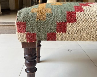 Multicolor Wool Jute Kilim Bench, Kilim Ottoman, Sitting Bench, Handmade furniture, Piano bench, Hallway bench, Ottoman bench, Bedroom bench