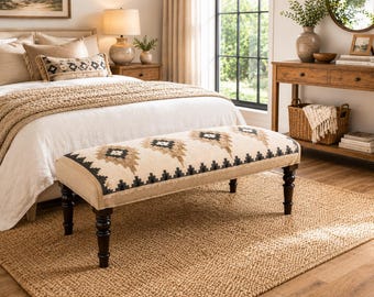Ottoman Bench,Bedroom Bench, Kilim Bench, Upholstered Bench, Entryway Bench, Wool Jute Bench, End of Bed Bench, Home Decor Bench, Bench