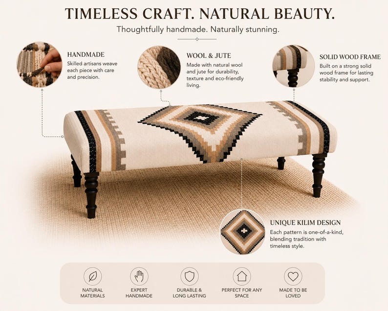 Op de afbeelding: Een rechthoekige bank met een cr&egrave;mekleurige bovenkant voorzien van een geometrisch ruitpatroon in bruin, beige en zwart. De bank rust op vier donkerbruine, gedraaide houten poten. Tekst op de afbeelding: TIMELESS CRAFT. NATURAL BEAUTY.