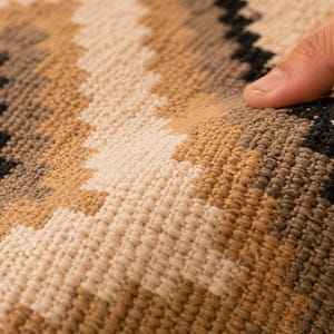 Op de afbeelding: Een geweven kleed met een geometrisch patroon in tinten cr&egrave;me, beige, bruin en zwart. Het textiel heeft een dik, gestructureerd oppervlak met zichtbare verweven vezels, die een herhalend zigzag- of ruitvormig ontwerp over de stof tonen.