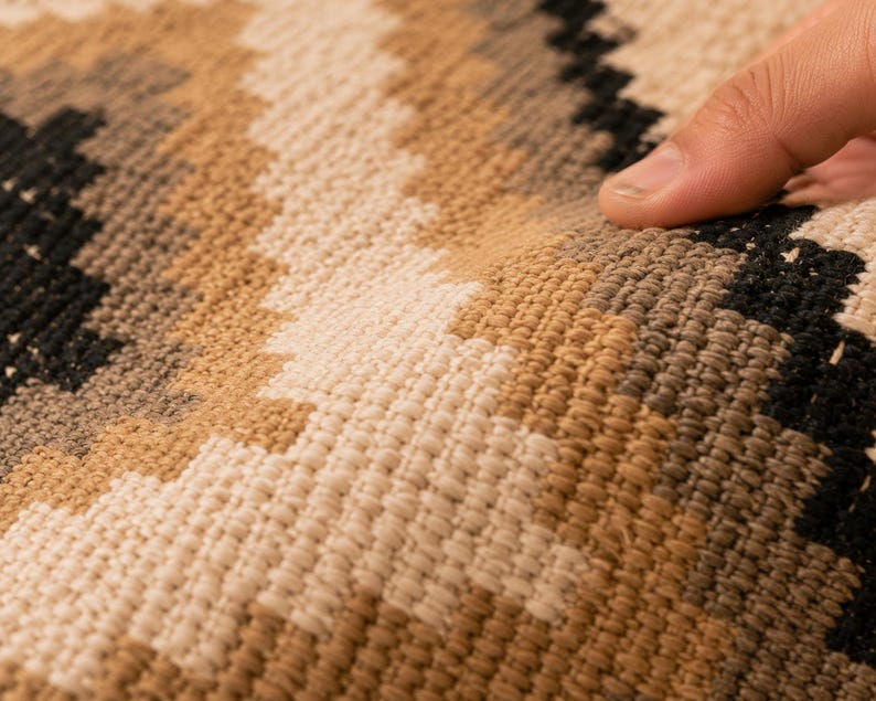 Op de afbeelding: Een geweven kleed met een geometrisch patroon in tinten cr&egrave;me, beige, bruin en zwart. Het textiel heeft een dik, gestructureerd oppervlak met zichtbare verweven vezels, die een herhalend zigzag- of ruitvormig ontwerp over de stof tonen.