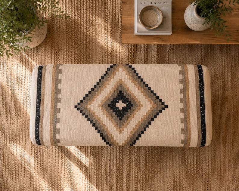 Bedroom Bench End of Bed, Luxury Kilim Bench, Upholstered Boho Bench, Southwestern Ottoman Bench, Entryway Bench, Wool Jute Bench afbeelding 5