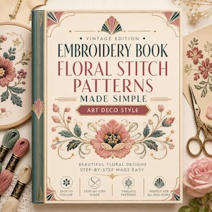 Modelli di ricamo Art Déco in PDF, libro di modelli di punti floreali, guida al ricamo vintage, disegni decorativi per lavori ad ago, download immediato