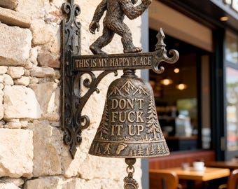 Rustic Metal Bigfoot Bell, Outdoor Garden Wall Mount, Quirky Sasquatch Home Accent Unique Outdoor Garden Accent for Men