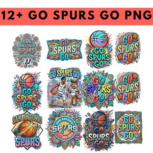 Könnte beinhalten: Eine Sammlung farbenfroher Grafiken zum Thema Basketball der San Antonio Spurs. Die Designs umfassen Basketbälle, die Worte "Go Spurs Go" und das Spurs-Logo. Die Grafiken sind in verschiedenen Stilen gehalten, mit leuchtenden Farben und detaillierten Illustrationen.