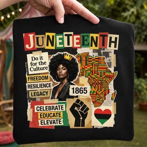 May include: A black t-shirt featuring a Juneteenth graphic collage. The design includes a portrait of a person with an afro wearing a crown, a map of Africa in Kente patterns, a raised fist, a heart, and text reading Do it for the Culture, 1865.