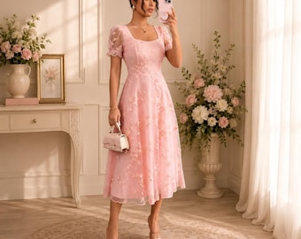 Floral Embroidered Midi Dress for Parties and Special Occasions