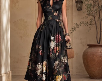 Floral Midi Dress Sleeveless High Neck Keyhole Waist Formal