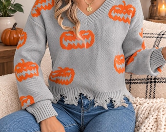 Pumpkin Sweater Women Halloween V Neck Cozy Fall Pullover Top