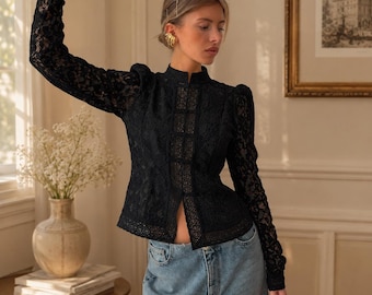 Women's Elegant Lace Blouse Long Sleeve High Neck Peplum Top