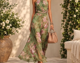 Floral Halter Maxi Dress Elegant Summer Vacation Evening Wear Outfit