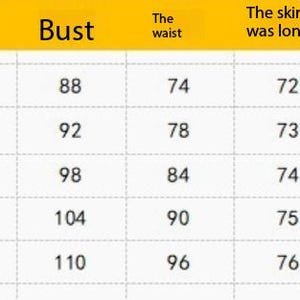 May include: A size chart table with a yellow header row containing the text Size, Bust, The waist, and The skirt was long. The rows list sizes S, M, L, XL, and XXL with corresponding numerical values for bust, waist, and skirt length measurements.