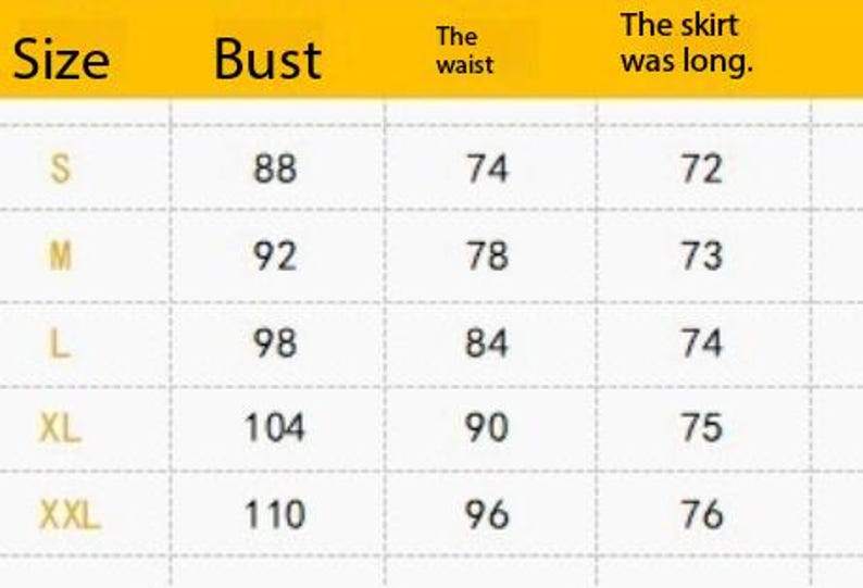 May include: A size chart table with a yellow header row containing the text Size, Bust, The waist, and The skirt was long. The rows list sizes S, M, L, XL, and XXL with corresponding numerical values for bust, waist, and skirt length measurements.
