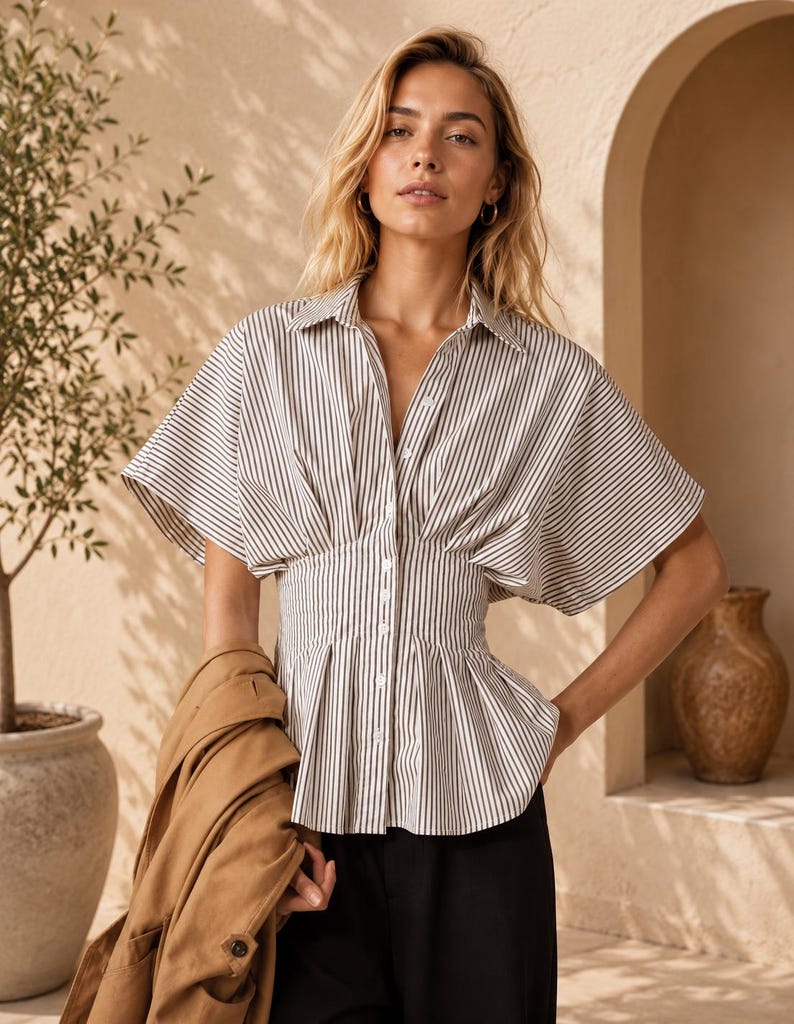May include: A short-sleeved button-down shirt featuring a vertical brown and white striped pattern, a classic collar, and a cinched waist design that creates a peplum silhouette. The shirt is paired with solid black trousers and a tan jacket.