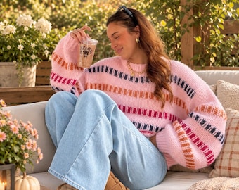 Striped Knit Sweater Relaxed Fit Cozy Everyday Pullover Top