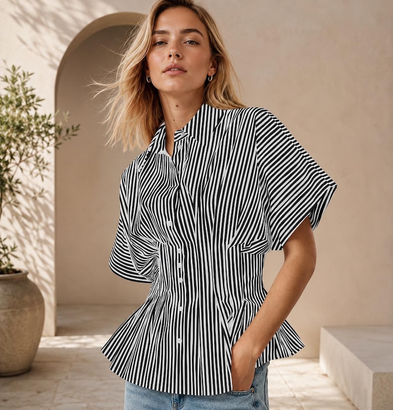 May include: A short-sleeved button-down shirt featuring a vertical black and white striped pattern. The garment has a structured, cinched waistline with pleats that create a flared peplum hem, a classic collar, and a front button closure.