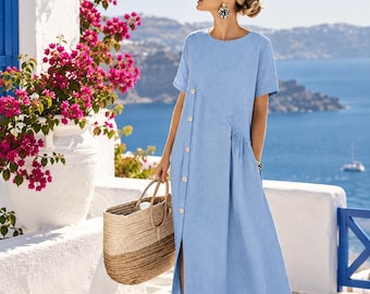 Women's 100% Cotton Button Front Midi Dress Casual Summer