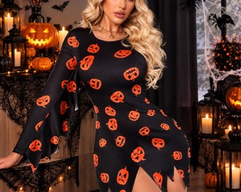 Halloween Pumpkin Print Long Sleeve Dress Spooky Party Outfit