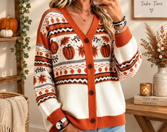 Women's Pumpkin Pattern Button Front V Neck Cardigan Sweater