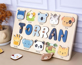 Personalized Wooden Name Puzzle, Handmade Name Puzzle with Animals,Christening Gifts, Personalized Gifts