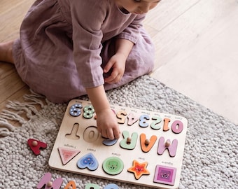 Name Puzzle with Shapes, Numbers, Baby Birthday Gift, Wooden Toys, 1st Birthday Gift,Montessori, First Birthday, Baby Shower Gift