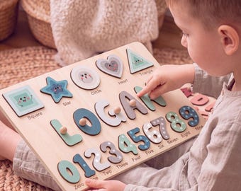 Personalized Name Puzzle with Shapes, Numbers, Baby Birthday Gift, Educational Toy