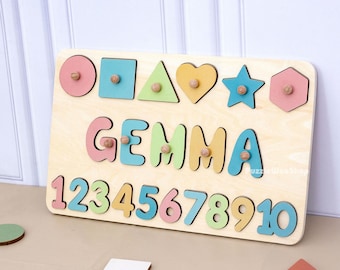 Personalized Handmade Baby Name Puzzle,Shapes and Numbers,Baby Girl Gift, Baby Boy Gift, Baby Birthday Gifts