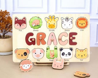 Personalized Animal Name Puzzle, Custom Busy Board,  First Birthday Present,  Nursery Decor
