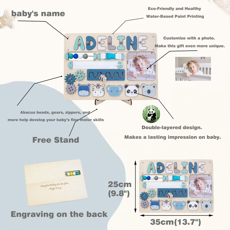 May include: Wooden baby activity board with the name "ADELINE" in blue letters. Features abacus beads, gears, zippers, and animal shapes. Includes a photo and measures 35 x 25 cm (13.7 x 9.8 inches).