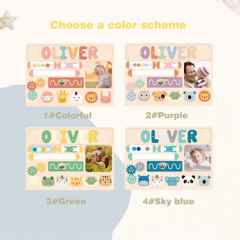 May include: Four personalized name plaques with the name "OLIVER" in different color schemes: colorful, purple, green, and sky blue. Each plaque includes a photo, decorative elements, and the text "Choose a color scheme".