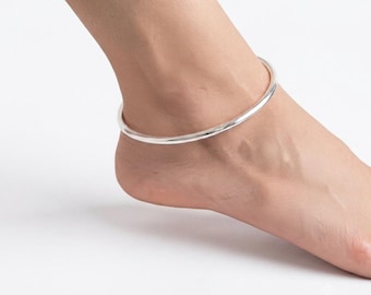Sterling Silver Bangle Anklet | Minimalist Round Ankle Bracelet | Adjustable 925 Silver Anklet | Modern Everyday Foot Jewelry | Gift for Her