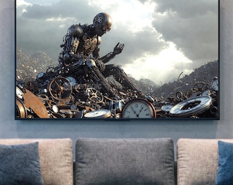 Steampunkowy Robot Mechaniczny | Pobieranie cyfrowe | Tapeta postapokaliptyczna | Dystopijne Pustkowie | Plakat do druku | Grafika do pokoju gier