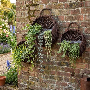 May include: Three dark brown woven wicker wall-mounted planters of varying sizes, each featuring a sturdy handle at the top. These round baskets are filled with lush green trailing plants, including ivy and string of pearls, creating a cascading effect.