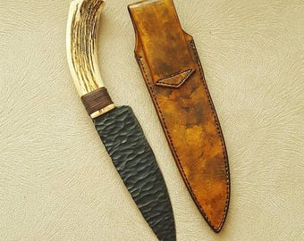 Hand Forged D2 Steel Hunting Knife, Stag Horn Handle, Leather Sheath