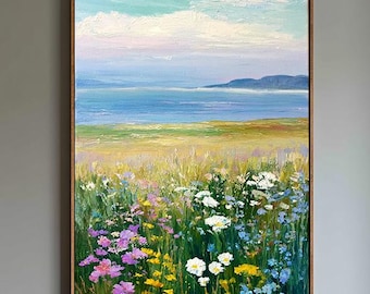 Blue Green Abstract Landscape Wall Art, Impressionism Floral Painting, Lake Grass Mountain Natural Scenery Painting, Dining Room Decor