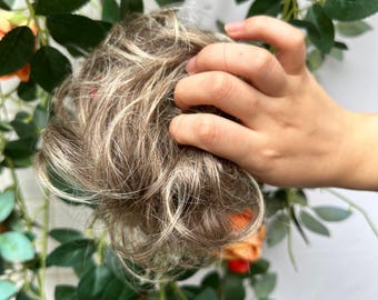 100% Human Hair Messy Bun Scrunchie, Sandy Ash Blonde Highlights, Voluminous Updo Extension