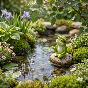 Puede incluir: Una figura de rana verde con sombrero de paja sentada sobre una roca en un estanque, sosteniendo una fina caña de pescar con una esfera de cristal transparente colgando de un hilo sobre el agua, rodeada de follaje verde, musgo y flores.