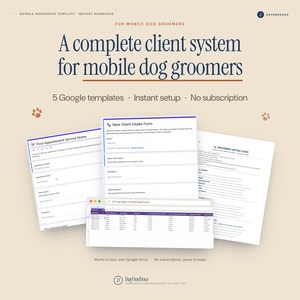 Op de afbeelding: Een digitale sjablonenset voor mobiele hondentrimmers met vijf Google Workspace-documenten. De weergave bevat een intakeformulier voor nieuwe klanten, notities na de afspraak, een trimkaart en een spreadsheet-interface.