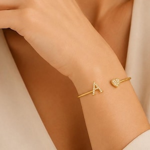 Gold Initial Bangle Bracelet,Stainless Steel Letter Bracelet,Rhinestone Open Cuff Bracelet,Dainty Personalized Gift for Her