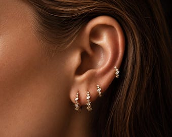 Marquise CZ Irregular Huggie Hoops,925 Sterling Silver,14K Gold or Platinum Plated,Cartilage Earrings