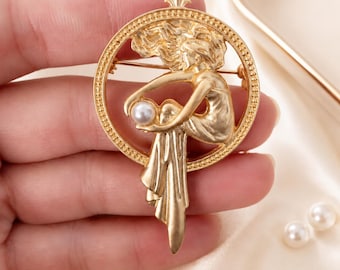 Vintage Gold Legierung Brosche - Angel & Dreaming Girl Design, Perlen Akzent, Retro eleganter Schmuck, Damen Revers Accessoires, Geschenk für Sie