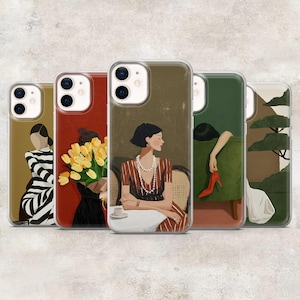 Könnte beinhalten: Fünf Handyhüllen mit künstlerischen Illustrationen. Die Designs zeigen Frauen in verschiedenen Umgebungen, darunter eine Frau in einem gestreiften Kleid, eine Frau mit gelben Tulpen und eine Frau, die einen roten Schuh hält.