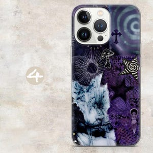 May include: A smartphone case featuring a dark purple and black collage design. The graphic includes a white mushroom, a spiral star, a cross, a sunburst pattern, and a stylized female figure. The case has a cutout for a triple-lens camera system.